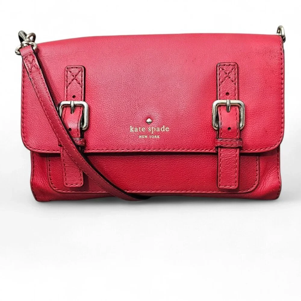 Kate Spade Allen Street Neil Saddle Leather Buckle Flap Red Crossbody Bag COA
